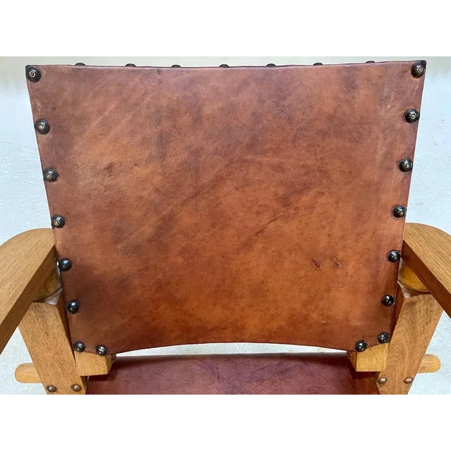 South American Brutalist Leather & Oak Safari Chair, Colombia, 1960s For Sale - Image 9 of 13