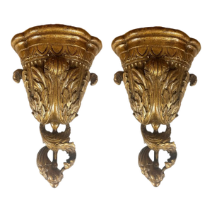 French Louis XVI Style Urn Form With Acanthus Motifs Gilded Wall Bracket, a Pair