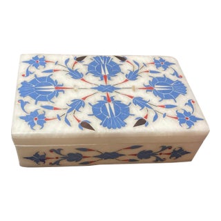 Gorgeous Marble W Lapis Lazuli Inlay 4”x6”x1” Jewelry Casket For Sale