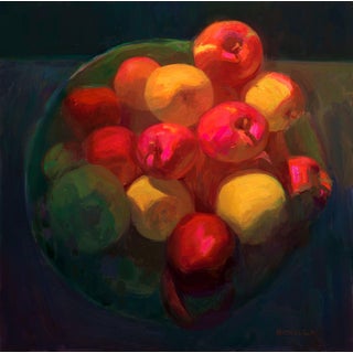 Before The Trip by Raymond Bonilla | Oil on panel Still life of colorful apples in a bowl. For Sale
