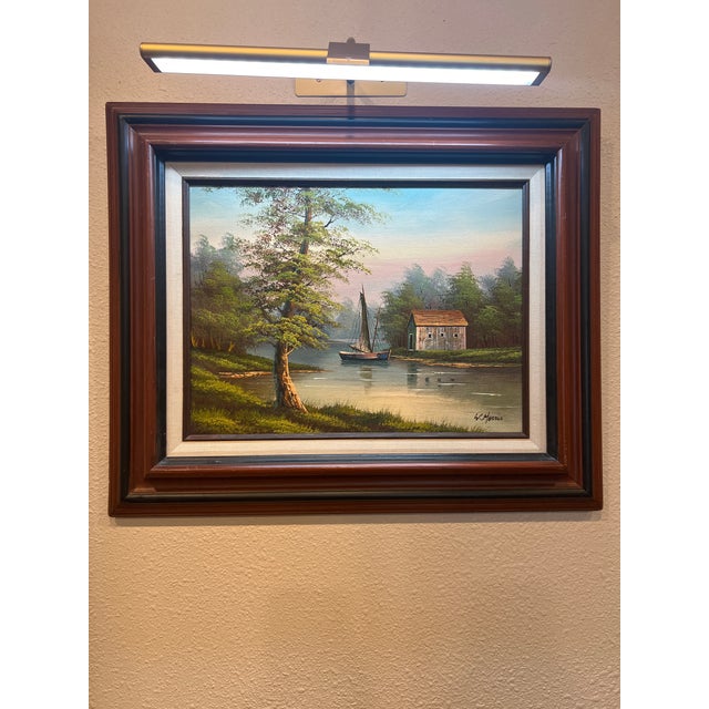 Beautiful Landscape Oil Painting by W. Morris of Boat & Boat House on Lake This beautiful original oil painting by W....