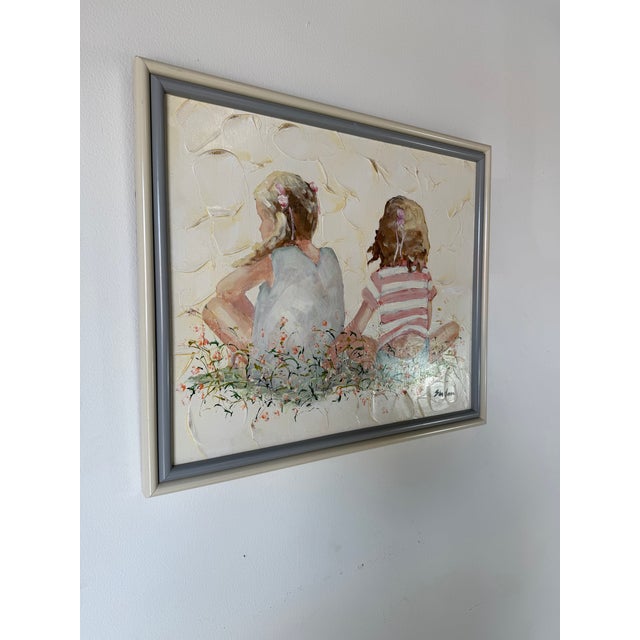 Mid-Century Modern 1980s Vintage Shallom Two Girls Impressionist Textured Oil on Board Painting, Framed For Sale - Image 3 of 12