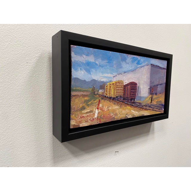 Early 21st Century Trackside 2 by Delton Demarest | Oil on Board Painting of train cars near a building For Sale - Image 5 of 5