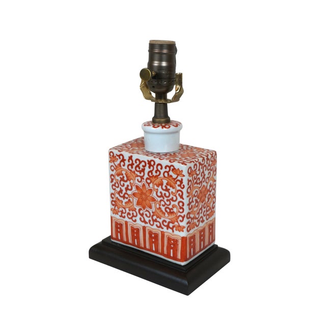 Chinese Chinese Orange & White Porcelain Tea Caddy Lamp Bottle Ginger Jar Chinoiserie For Sale - Image 3 of 11