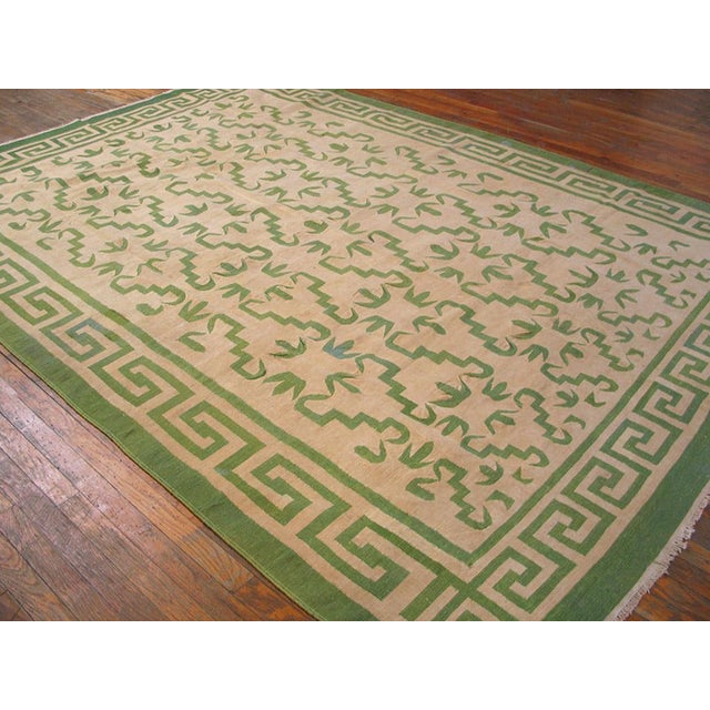 Indian 1940s Ivory Green Greek Key Antique Indian Dhurrie Rug 7' 3" X 10' 0" Knotted Wool Carpet For Sale - Image 3 of 6