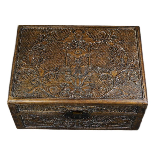 Vintage Huanghuali Wood Carved Box - Abundance & Wealth Motif For Sale