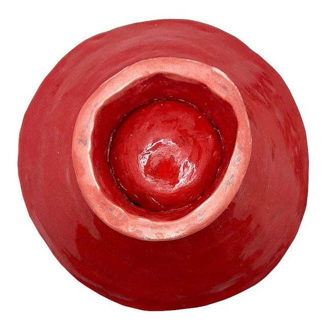 Vintage Bright Red Ceramic Sculptural Studio Pottery Pedestal Bowl For Sale - Image 4 of 6