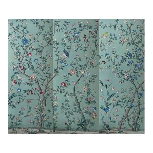 Chinoiserie Murals Hand Painted Wallpapers on Blue Tea Paper - 3 Panels For Sale