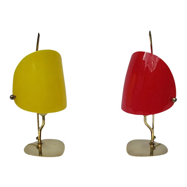 Yellow & Red Brass and Acrylic Glass Table Lamps, 1950s, Set of 2 For Sale
