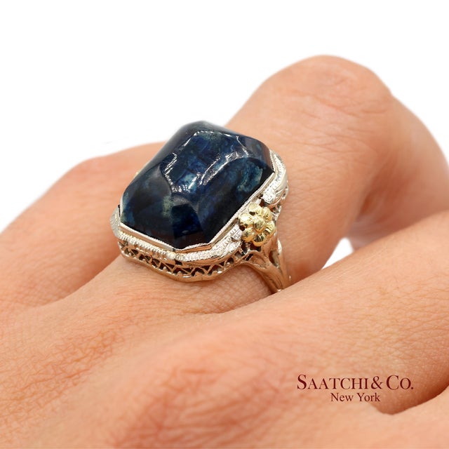 14k Two Tone Yellow and White Gold Blue Stone Ornate Floral Motif Ring, Size 5.25 For Sale - Image 10 of 13