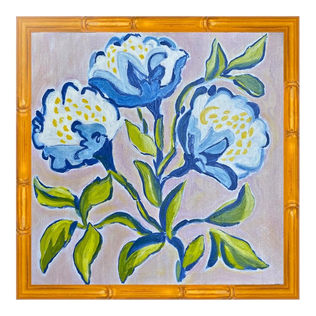 Original Framed Oil Acrylic Botanical Painting, Organic Boho Art Floral Wall Art, 13" X 13" by Tatiana Duperault For Sale