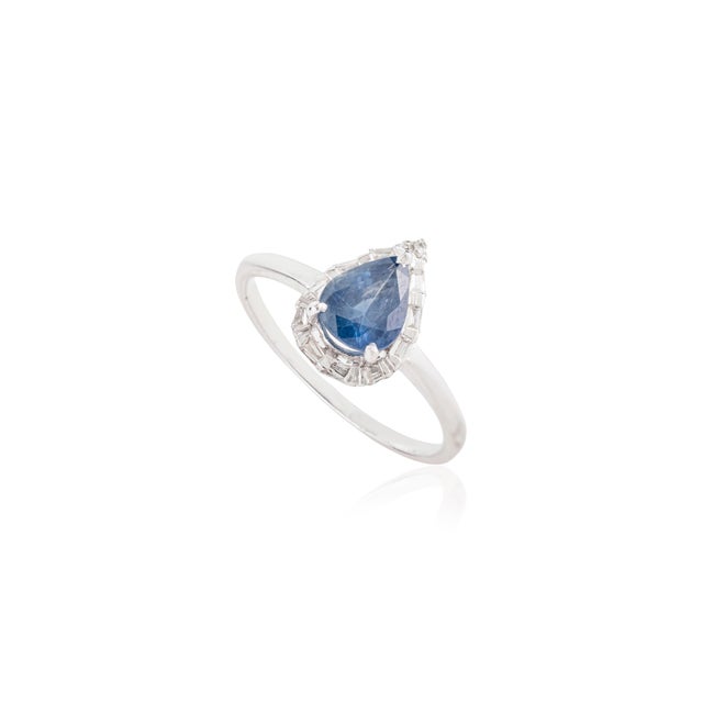 14k Gold 1ct Pear Shape Blue Sapphire Diamond Halo Art Deco Ring Size 4 For Sale - Image 4 of 15