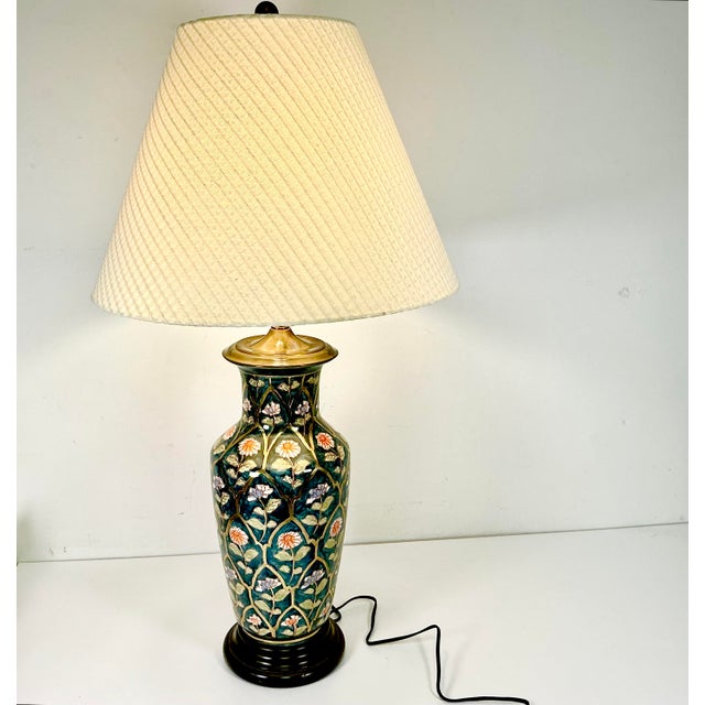 Mid 20th Century Chinoiserie Boho Chic Hollywood Regency Ceramic Flora Botanical Table Lamp, Textile Shade For Sale - Image 16 of 18