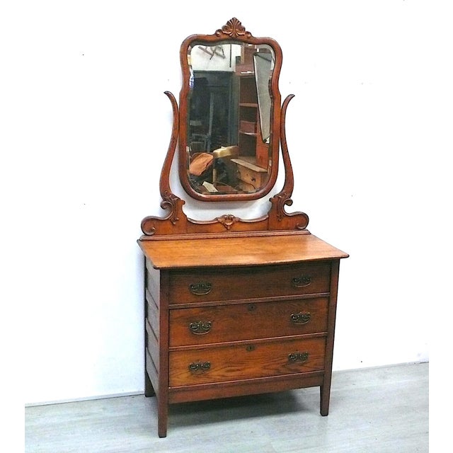 Wood Antique Serpentine Tiger Oak Dresser with Mirror, 1890s For Sale - Image 7 of 7
