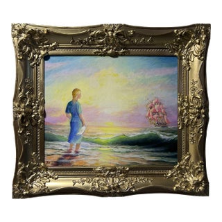 Artist Dobritsin Oil Painting on Canvas, Seascape, "At Dawn" Gold Frame For Sale