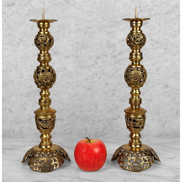 A Pair of 1970's Chinese Brass Mantle Candlestick Holders Solid Brass with a Mild Tarnished Finish Decorative Pierced...