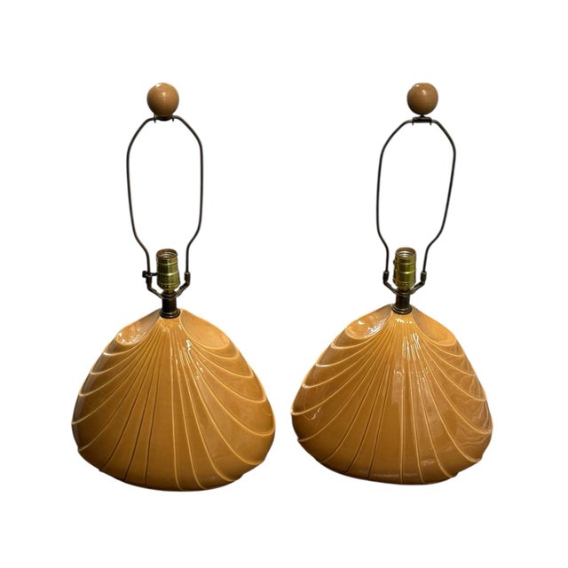 1980 Art Deco Shell Style Coral Tan Table Lamps- A Pair For Sale - Image 4 of 5