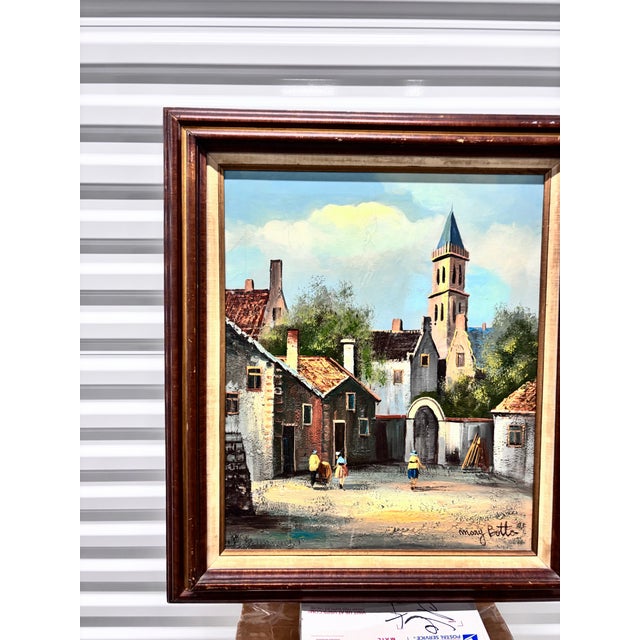 This Vintage Framed Oil Painting Is Signed "Mary Botto" and Depicts a Charming European Village Street Scene With Old-World Stone Buildings. For Sale - Image 10 of 12