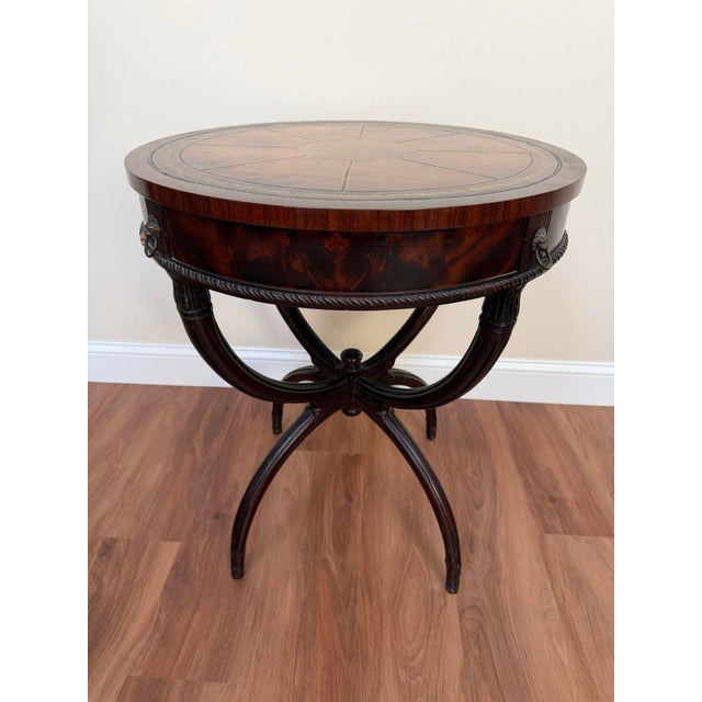 1950s Mid-Century Regency Mahogany Drum Table With Lion Head Pulls For Sale - Image 5 of 16