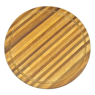 Vintage Mid Century Modern Teak & Oak Wood 24" Round Spinning Charcuterie Cutting Board For Sale