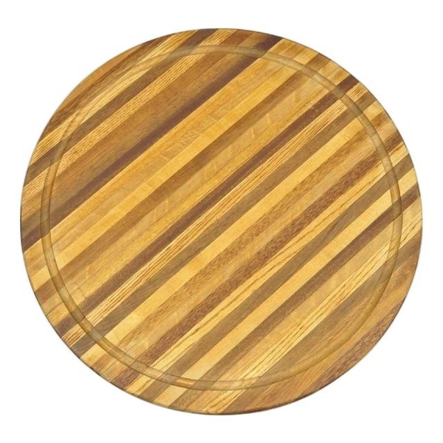 Vintage Mid Century Modern Teak & Oak Wood 24" Round Spinning Charcuterie Cutting Board For Sale