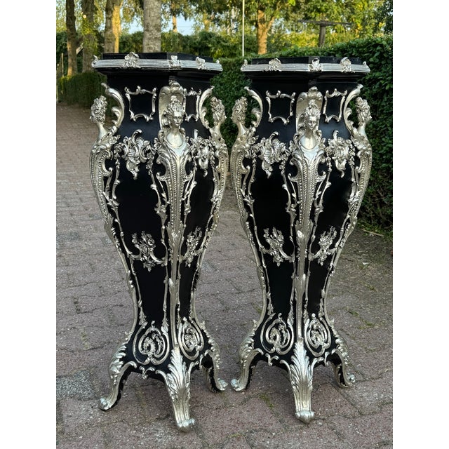 1980 Italian Artisan Baroque Black Silver Pedestals-Pair For Sale - Image 18 of 18