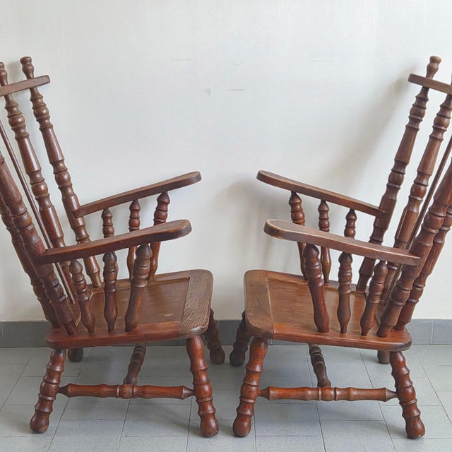 Brown Vintage Brutalist Oak Armchairs with Spools, 1970s, Set of 2 For Sale - Image 8 of 17