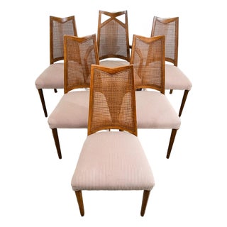 1960s Mid Century Modern Dining Chairs 6 Drexel Pinnacle Salmon Brown High Back Cane, Attributed For Sale