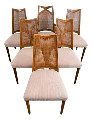 1960s Mid Century Modern Dining Chairs 6 Drexel Pinnacle Salmon Brown High Back Cane, Attributed
