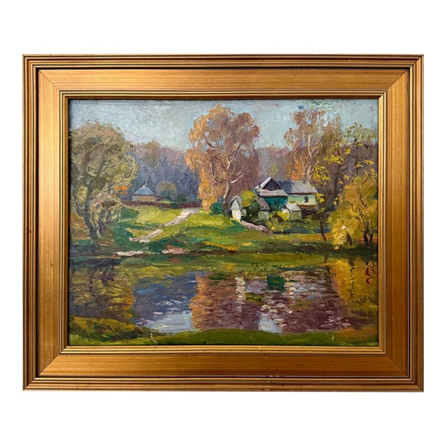 1940s American Impressionist Oil Landscape Painting of an Autumn Country House by a Pond, Framed For Sale
