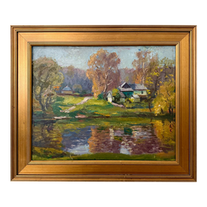 1940s American Impressionist Oil Landscape Painting of an Autumn Country House by a Pond, Framed