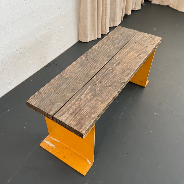 Late 20th Century Late 20th Century Industrial Pine Wood and Yellow Steel Slat Bench or Coffee Table For Sale - Image 5 of 7