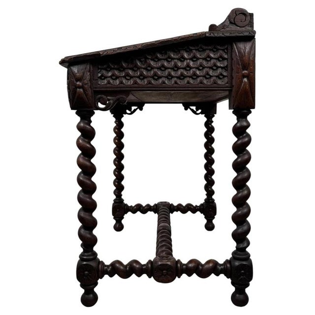 19th Antique Century English Victorian Carved Oak Writing Table with Leather Top For Sale - Image 10 of 11