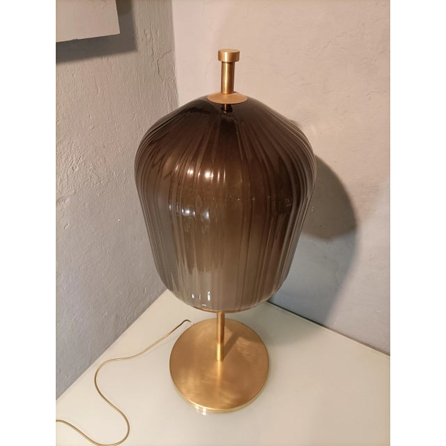 Large Satin Brass & Ribbed Milky Glass Floor Lamp, in Very Good conditions. Designed 1980 to 1989 European Plug (up to...