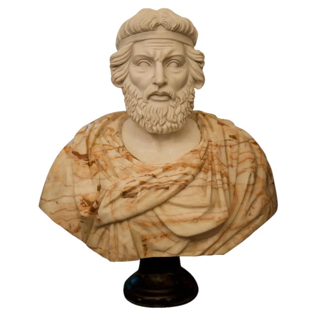 Hand-Carved Bust of Roman Man, 20th Century, White Carrara and Red Alicante Marble For Sale