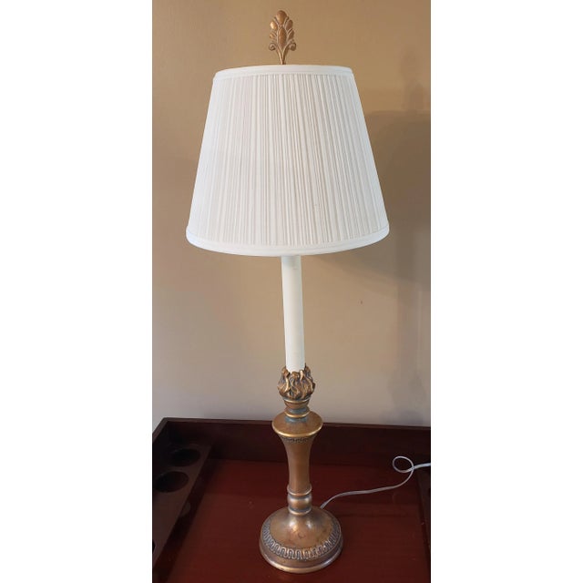 Vintage Stiffel Hollywood Regency Gilded Table Lamp With Torch Flame & Lamp Shade For Sale - Image 9 of 9