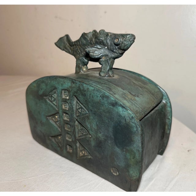 Share Large Antique Patinated Bronze Modernist Sculpture Figural Fish Dresser Box For Sale - Image 11 of 16