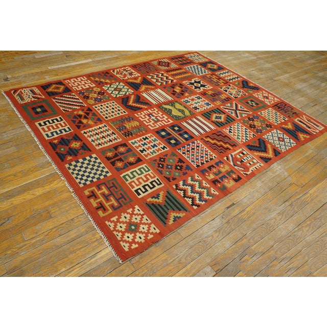 Abstract Extraordinary Red-Raspeberyy Background Color With Phenomenal Geometric Design Antique Tunisian Gafsa Rug For Sale - Image 3 of 12