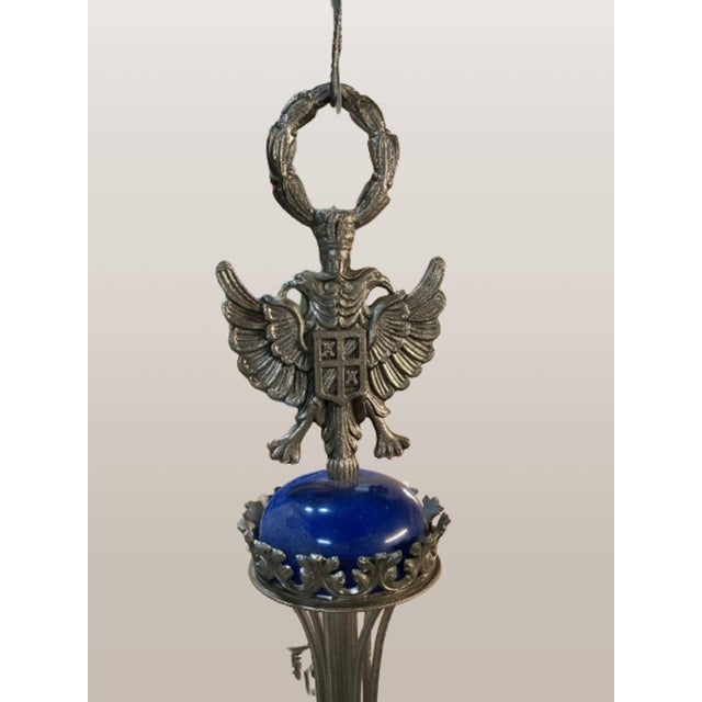 Glass Neoclassical Five-Light Glass and Chromed Steel Chandelier attributed to Kaiser Leuchten for Kaiser Idell / Kaiser Leuchten, 1950s For Sale - Image 7 of 9