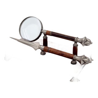 English Walnut Reception Desk Letter Set Magnifying Glass, Set of 3 For Sale