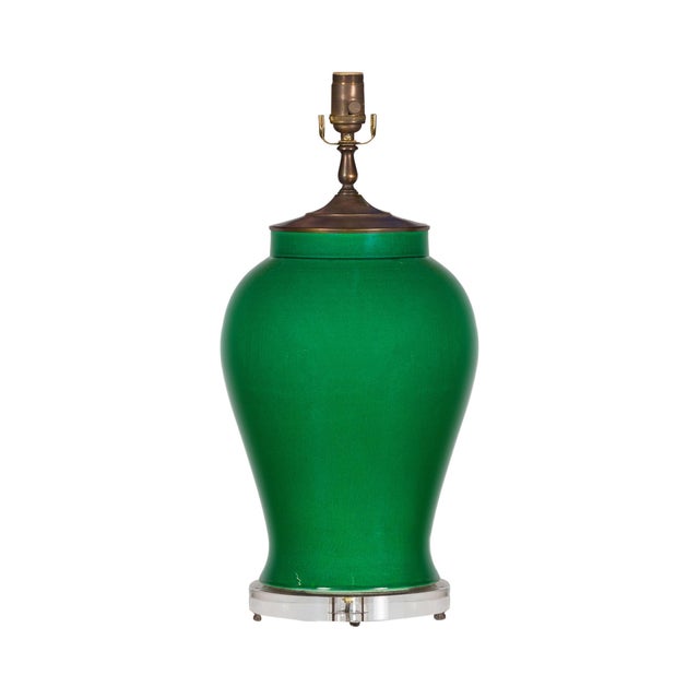 Contemporary Contemporary Green Porcelain Table Lamp with Discreet Crackle Finish on Lucite Base For Sale - Image 3 of 11