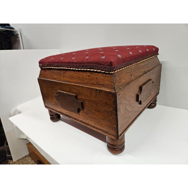 Early 20th Century Square Victorian Burgundy Upholstered Footstool For Sale - Image 5 of 15