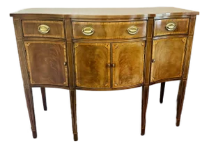 Vintage Federal Style Banded Mahogany Bowfront Sideboard- 50”x39.5”x22”