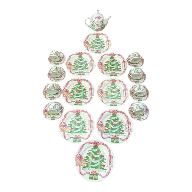 Vintage "Home for Christmas" Pink Holiday Dish Set - A Set of 25 For Sale