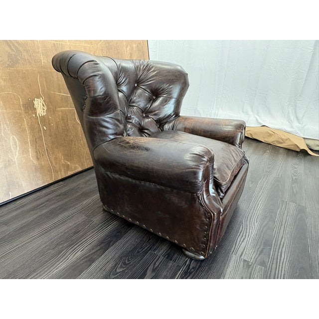 Rh Churchill Leather Chair With Nailheads Vintage Ebony Leather | Down-Feather Fill | Classic Depth For Sale - Image 15 of 18