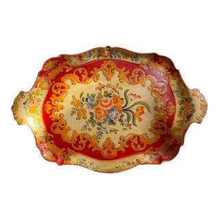 Vintage Japanese Lacquered Papier-Mâché Floral Serving Tray, Circa 1940s–1950s For Sale