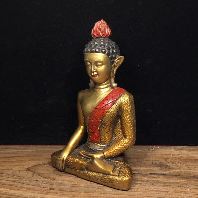 1980s Vintage Gilt Bronze Seated Buddha Statue With Red Robe For Sale - Image 5 of 9