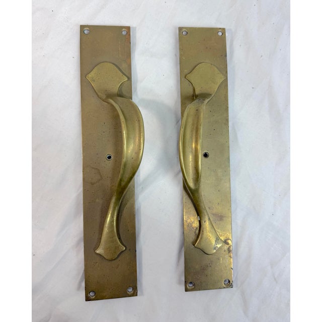 Brass Pair of Antique Heavy Thick Brass Art Nouveau Fixed Door Handles Hardware Pulls For Sale - Image 8 of 9