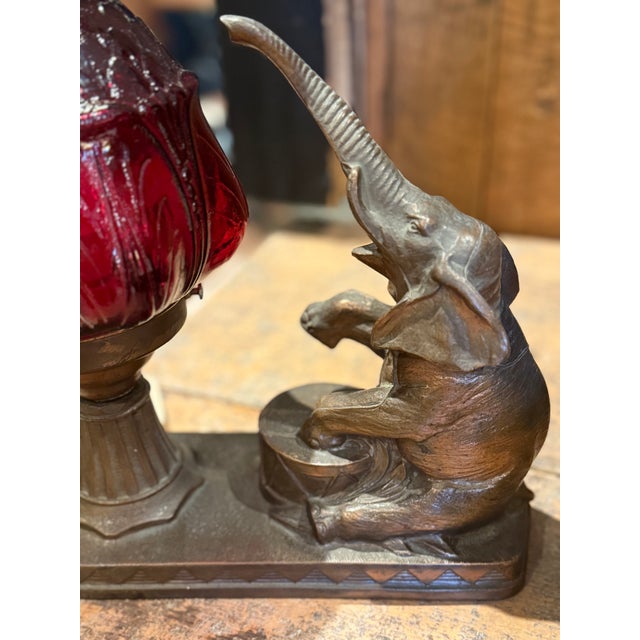 Art Deco 1930s Gibraltar Art Deco Spelter Elephant Table Lamp With Ruby Red Glass Shade For Sale - Image 3 of 13