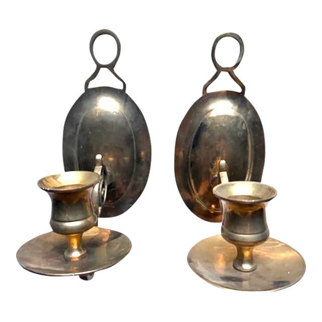 Pair Vintage Brass Wall Sconce Candle Holders For Sale